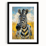 Framed wall art featuring a striking black and white zebra design, set against a vibrant mat, perfect for adding a touch of wildlife elegance to any room decor.