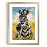 Framed wall art piece showcasing a striking zebra design, featuring a sleek silver frame and mat, perfect for enhancing modern home decor with wildlife themes.
