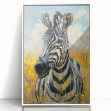 Framed wall art featuring a striking zebra design, displayed in a sleek white frame, ideal for adding a touch of wildlife elegance to modern interiors.