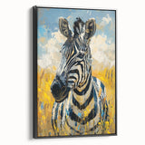 Framed canvas wall art featuring a striking black and white zebra design, showcasing intricate details and textures, perfect for modern animal-themed decor.