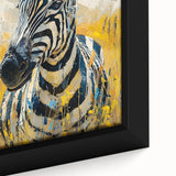 Close-up view of framed canvas wall art showcasing a striking zebra design, featuring bold black and white stripes, ideal for wildlife-themed decor in modern interiors.