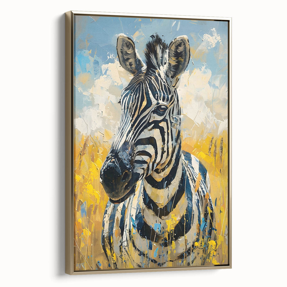Framed canvas wall art showcasing a striking zebra design in gold and black, perfect for enhancing modern decor with a touch of wildlife elegance.