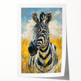 Zebra print wall art showcasing a striking black and white design, perfect for adding a bold wildlife theme to home decor or an art collection. This rolled print is ideal for nature enthusiasts and complements modern interiors, enhancing aesthetic appeal.