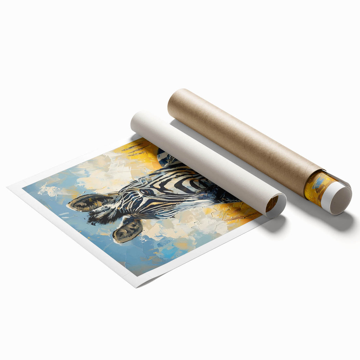 Zebra-themed wall art print showcasing a striking black and white design, rolled and ready for display, ideal for animal lovers and modern decor enthusiasts.