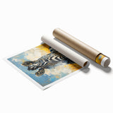Zebra-themed wall art print showcasing a striking black and white design, rolled and ready for display, ideal for animal lovers and modern decor enthusiasts.