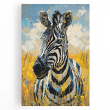Vibrant stretched canvas wall art showcasing a striking zebra design, featuring bold black and white stripes, perfect for animal lovers and modern decor enthusiasts.