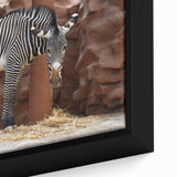 Close-up of a framed canvas wall art piece featuring a striking zebra design, showcasing vivid black and white stripes against a textured background, perfect for animal lovers and modern decor enthusiasts.