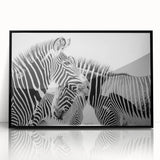 Framed acrylic wall art featuring a striking zebra design in black and white, showcasing the unique patterns of the animal against a sleek, modern backdrop. Ideal for enhancing contemporary decor with a touch of wildlife elegance.