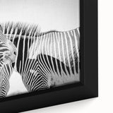 Close-up of a framed canvas wall art featuring a striking zebra design, showcasing intricate black and white stripes, perfect for wildlife-themed decor. Ideal for enhancing modern interiors with a touch of nature.