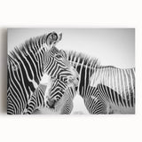 Stretched canvas wall art featuring a striking zebra design in vibrant black and white colors, perfect for adding a touch of wildlife decor to your space.