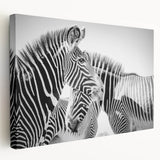 Zebra design stretched canvas wall art showcasing a vibrant black and white striped pattern, ideal for wildlife-themed decor, adding a modern touch to any space.