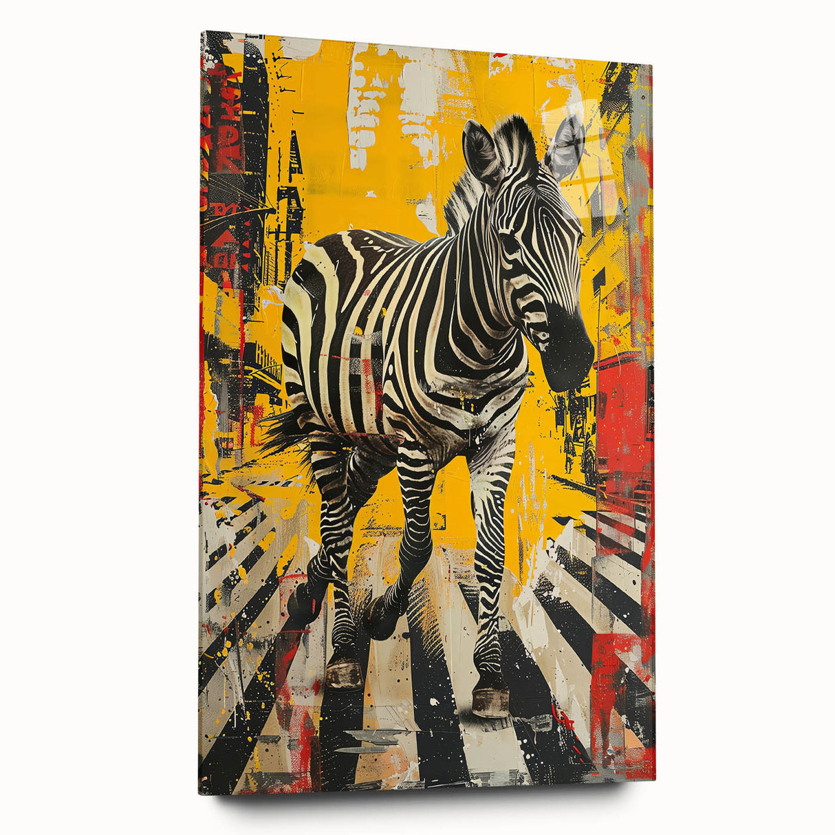 Side view of a sleek acrylic wall art piece showcasing a vibrant zebra design, perfect for wildlife enthusiasts and modern decor, highlighting bold black and white stripes.