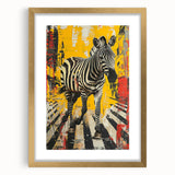 Framed wall art featuring a striking zebra design in gold accents, perfect for adding a touch of wildlife elegance to modern decor. Matting enhances its visual appeal.