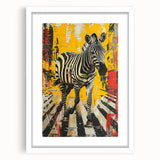 Zebra-themed framed wall art featuring a striking black and white design, elegantly matted and set against a white background, ideal for wildlife decor enthusiasts.