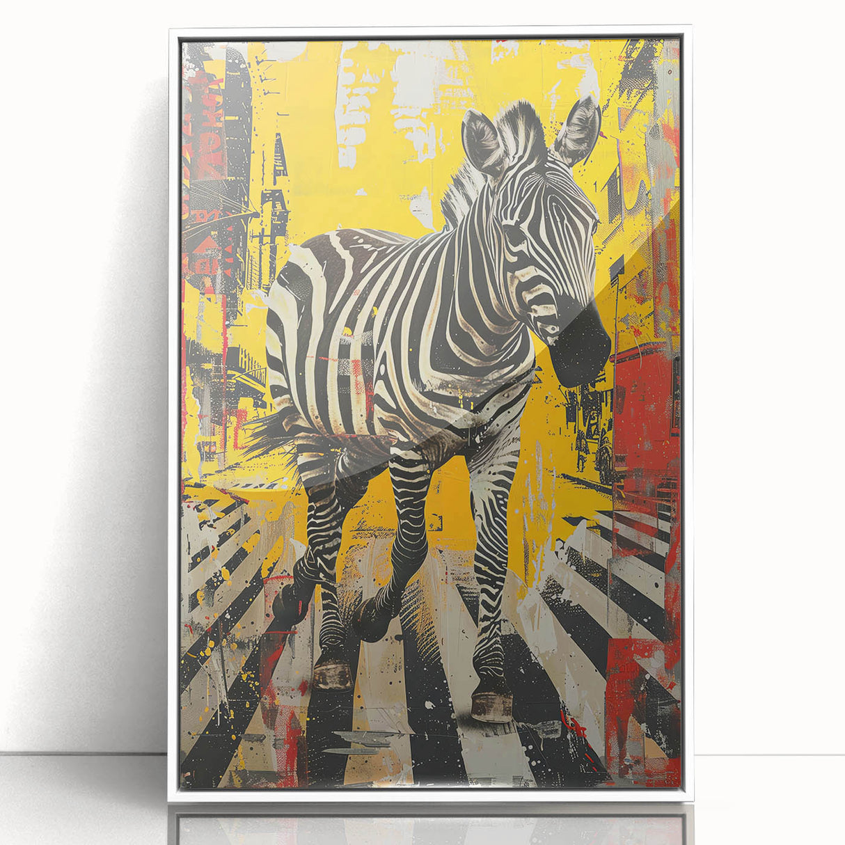 Framed acrylic wall art showcasing a striking zebra design, emphasizing bold black and white stripes, perfect for animal lovers and modern home decor.