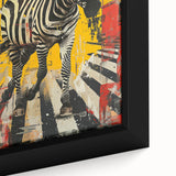 Close-up of a beautifully framed zebra wall art piece, showcasing intricate black and white stripes on textured canvas, perfect for wildlife-inspired decor.