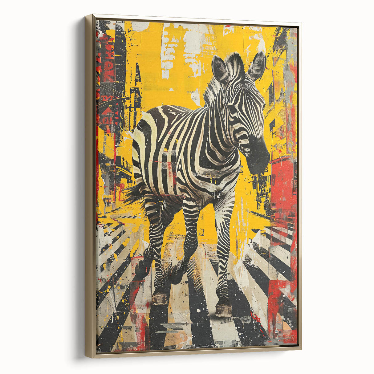 Framed canvas wall art featuring a striking zebra design in bold black and white stripes, elegantly set against a gold background, perfect for modern decor.