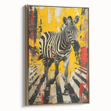 Framed canvas wall art featuring a striking zebra design in bold black and white stripes, elegantly set against a gold background, perfect for modern decor.