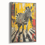 Framed wall art featuring a striking zebra design with intricate black and white patterns, displayed in a sleek silver frame, perfect for modern decor.