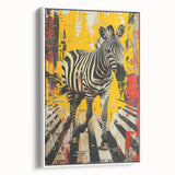 Framed canvas wall art featuring a striking zebra design in black and white, showcasing the animal's unique stripes and textures, perfect for wildlife enthusiasts.