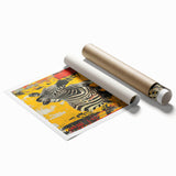 Zebra design wall art print showcasing vibrant black and white stripes, ideal for animal lovers and home decor enthusiasts, rolled for easy shipping.