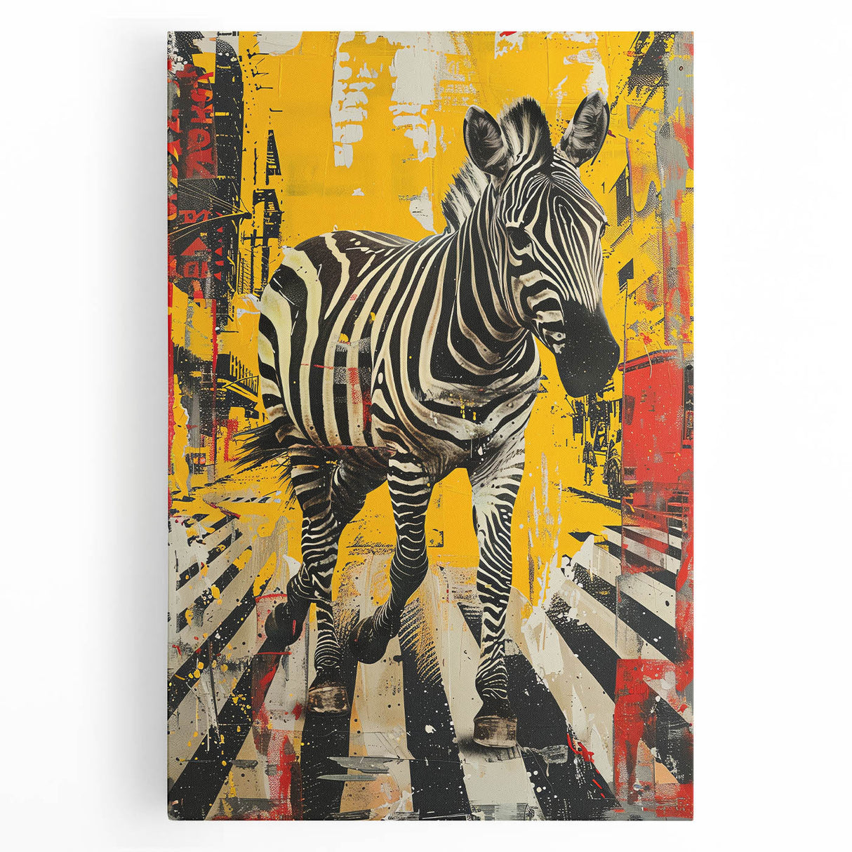 Vibrant stretched canvas wall art featuring a striking zebra design, showcasing bold black and white stripes, perfect for adding a touch of wildlife elegance to any room.