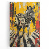 Vibrant stretched canvas wall art featuring a striking zebra design, showcasing bold black and white stripes, perfect for adding a touch of wildlife elegance to any room.