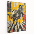 Stretched canvas wall art showcasing a striking zebra design, featuring bold black and white stripes and a sleek side view, perfect for wildlife enthusiasts' decor.