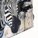 Close-up of a striking zebra wall art design, featuring bold black and white stripes on acrylic glass, ideal for enhancing modern decor with a touch of wildlife elegance.