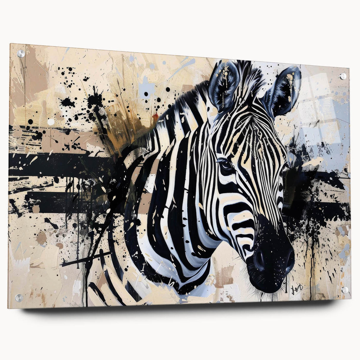 Acrylic glass wall art showcasing a striking zebra design, side view with decorative pins. The vibrant monochrome pattern adds a modern touch to any wildlife-themed decor.