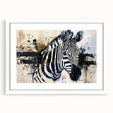 Framed wall art featuring a striking zebra design in black and white, elegantly matted and displayed in a sleek white frame, perfect for wildlife enthusiasts.
