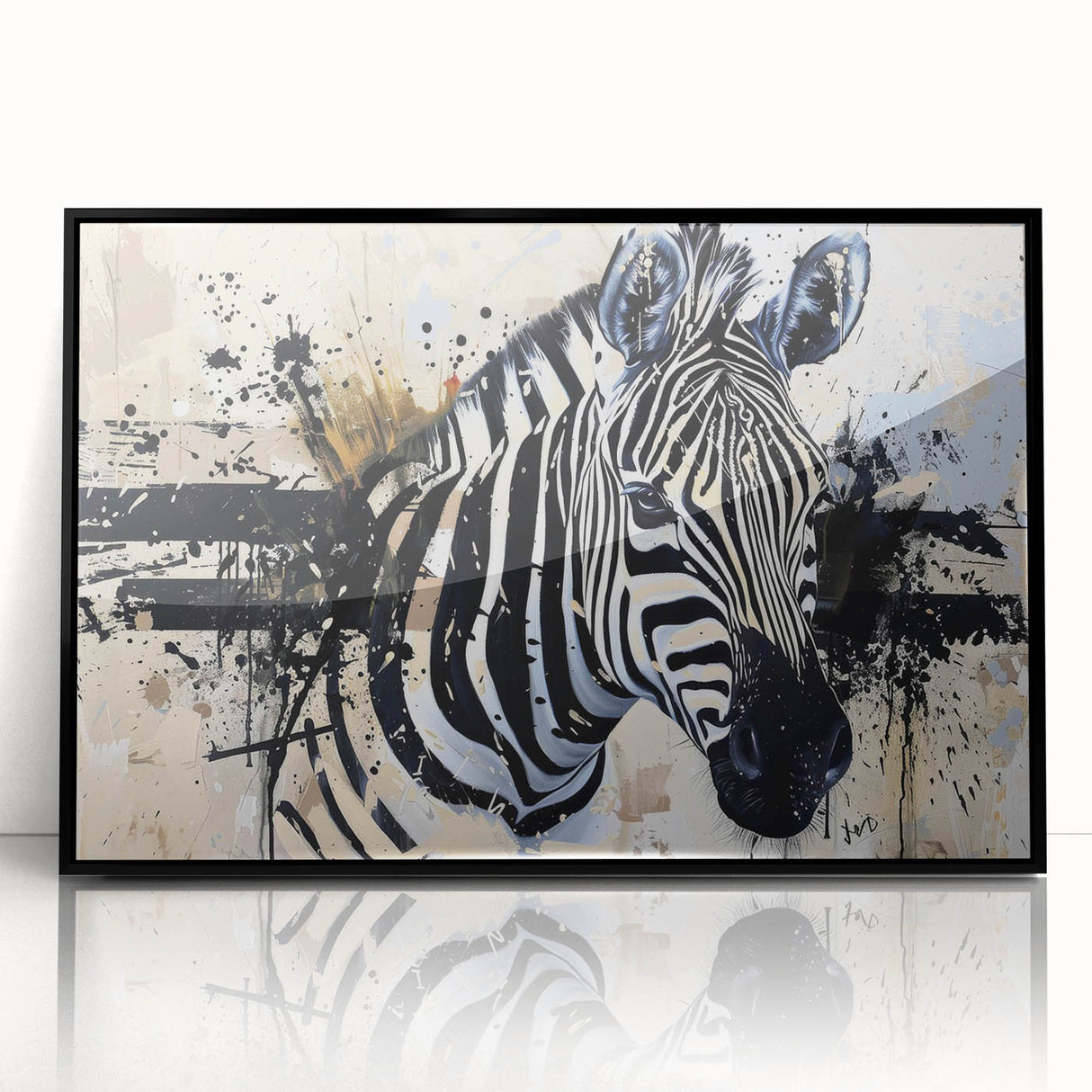 Framed wall art featuring a striking zebra design in bold black and white, set against a sleek acrylic background, ideal for animal lovers and modern decor.