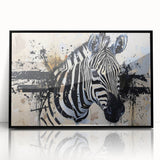 Framed wall art featuring a striking zebra design in bold black and white, set against a sleek acrylic background, ideal for animal lovers and modern decor.