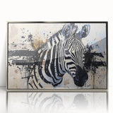 Framed wall art showcasing a striking zebra design from the "Animals A Wild Life" collection, featuring a sleek silver border and vibrant, detailed imagery ideal for wildlife enthusiasts.