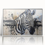 Framed acrylic wall art showcasing a striking zebra design, featuring a white frame and a vibrant color palette that enhances any contemporary decor. Ideal for animal lovers and art enthusiasts.