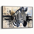 Framed canvas wall art featuring a striking zebra design from the "Animals - A Wild Life" collection, showcasing bold black and white stripes against a sleek backdrop. The artwork emphasizes wildlife aesthetic, ideal for modern home decor.