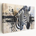 Stretched canvas wall art showcasing a striking zebra design, emphasizing bold black and white stripes, perfect for enhancing modern home decor with a wild touch.