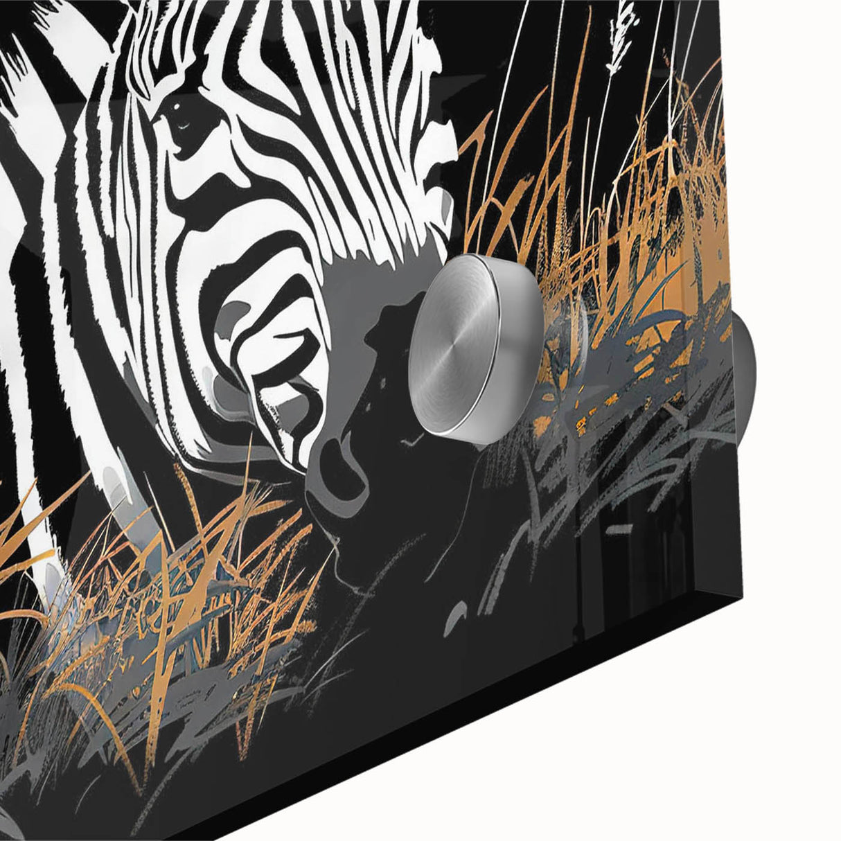 Close-up view of a vibrant zebra design in an 18-inch acrylic wall art collection, showcasing detailed patterns and colors, perfect for wildlife enthusiasts' decor.