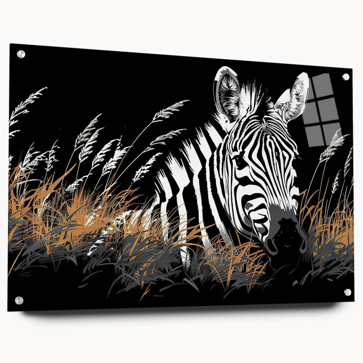 Side view of a zebra design wall art piece in acrylic glass, showcasing vibrant black and white stripes, elegantly mounted with pins for a modern decor accent. Ideal for animal lovers and contemporary interiors.