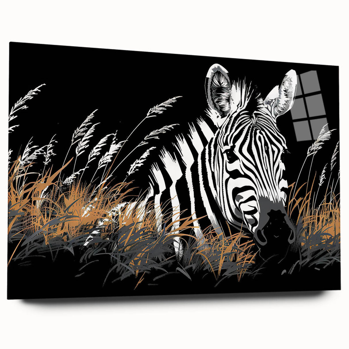 Acrylic wall art showcasing a striking side view of a zebra design, featuring bold black and white stripes, suitable for modern home decor. Perfect for animal lovers and wildlife enthusiasts, adding a vibrant touch to any space.