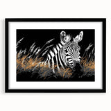 Black-framed wall art featuring a striking zebra design from the "Animals: A Wild Life" collection. Ideal for adding a touch of nature-inspired decor to modern interiors.