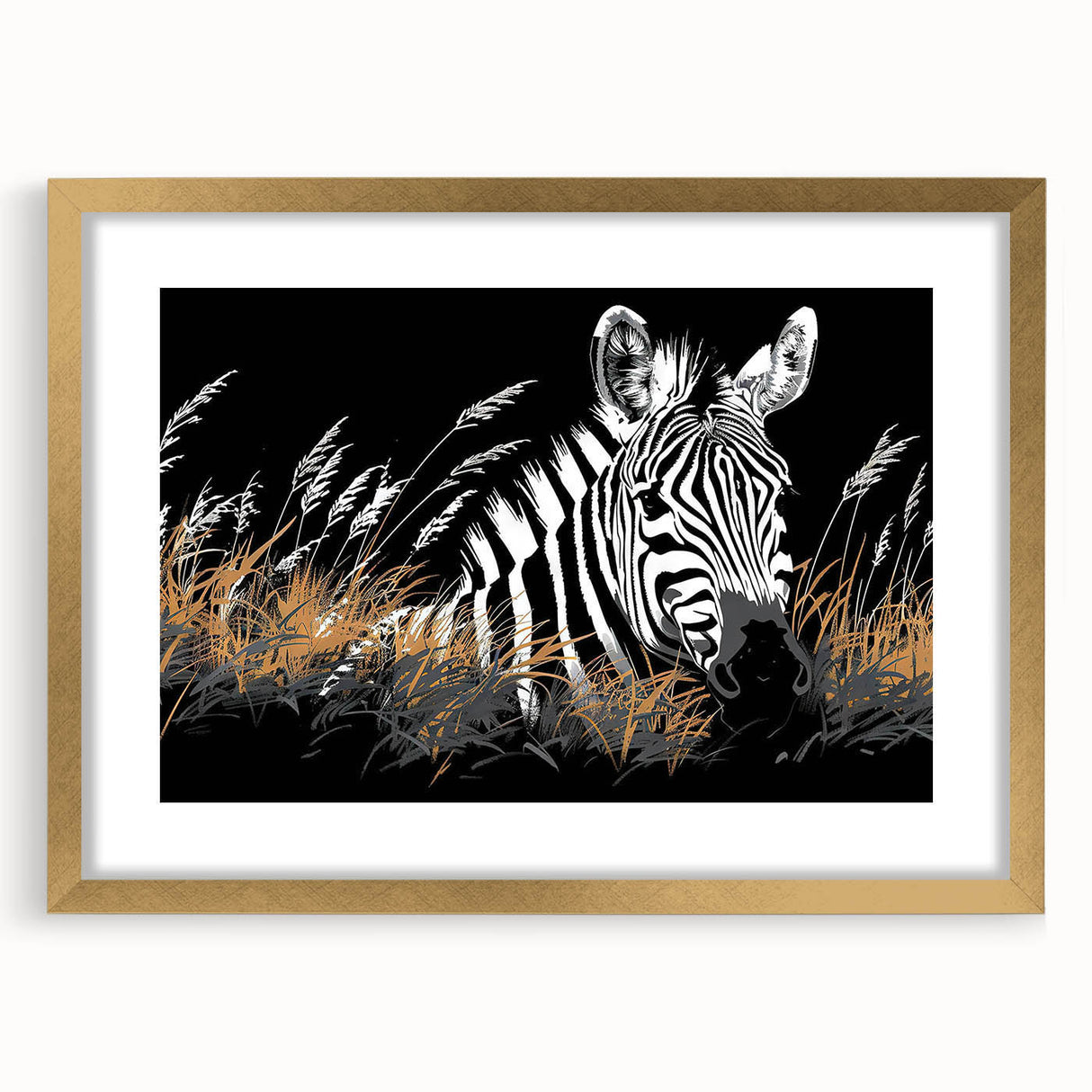Framed wall art featuring a striking zebra design in gold accents, perfect for animal lovers and nature enthusiasts, adding a touch of elegance to home decor.