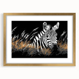 Framed wall art featuring a striking zebra design in gold accents, perfect for animal lovers and nature enthusiasts, adding a touch of elegance to home decor.