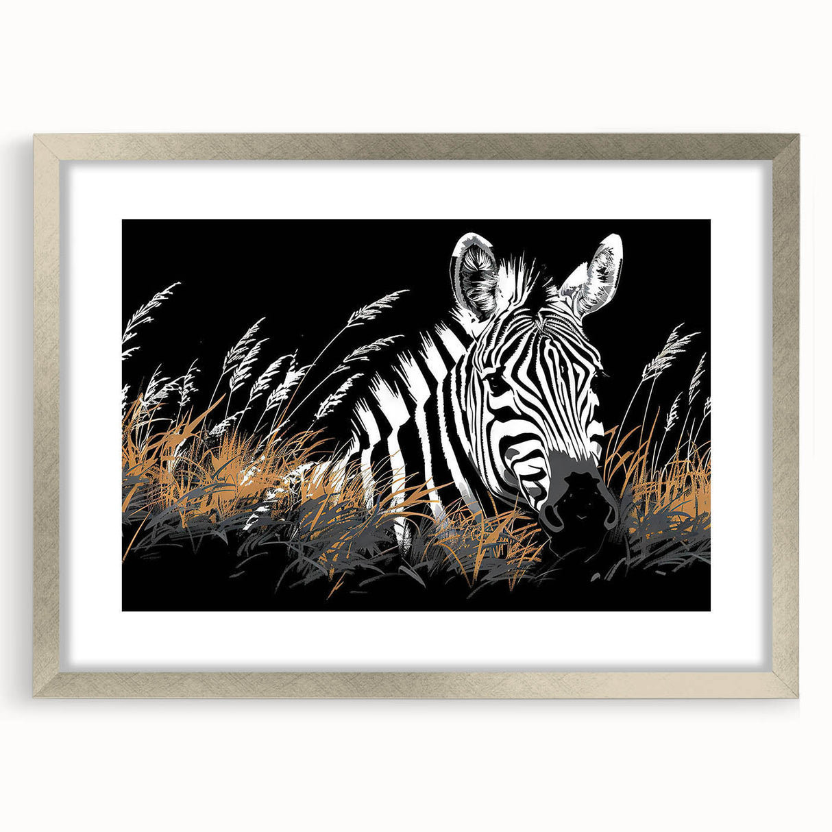 Zebra design wall art framed in silver, featuring a wildlife theme. The piece showcases intricate patterns and vivid details, perfect for animal lovers' decor.