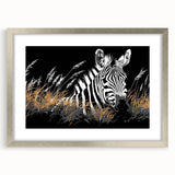 Zebra design wall art framed in silver, featuring a wildlife theme. The piece showcases intricate patterns and vivid details, perfect for animal lovers' decor.