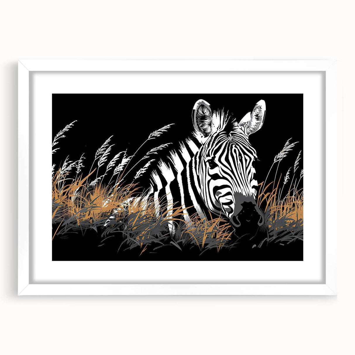Framed wall art featuring a striking zebra design in a white mat, showcasing intricate details and vibrant colors, perfect for wildlife-themed decor.