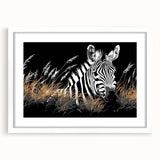 Framed wall art featuring a striking zebra design in a white mat, showcasing intricate details and vibrant colors, perfect for wildlife-themed decor.