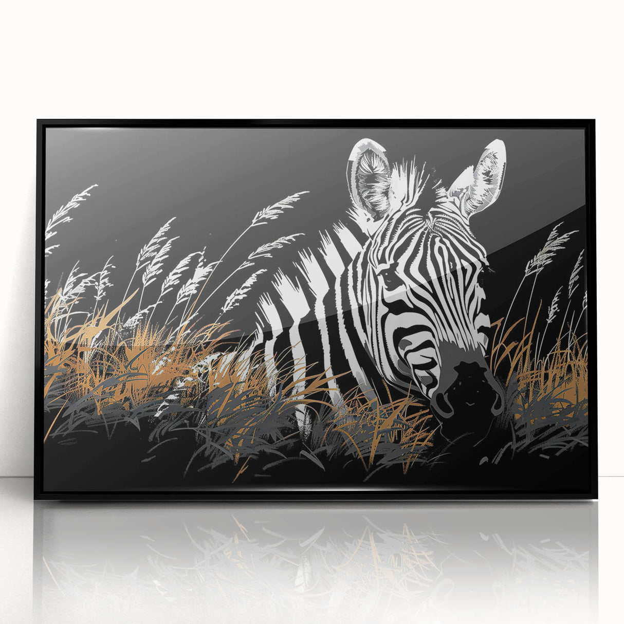 Framed acrylic wall art featuring a striking zebra design, ideal for wildlife enthusiasts, with a sleek black frame enhancing the modern decor aesthetic.