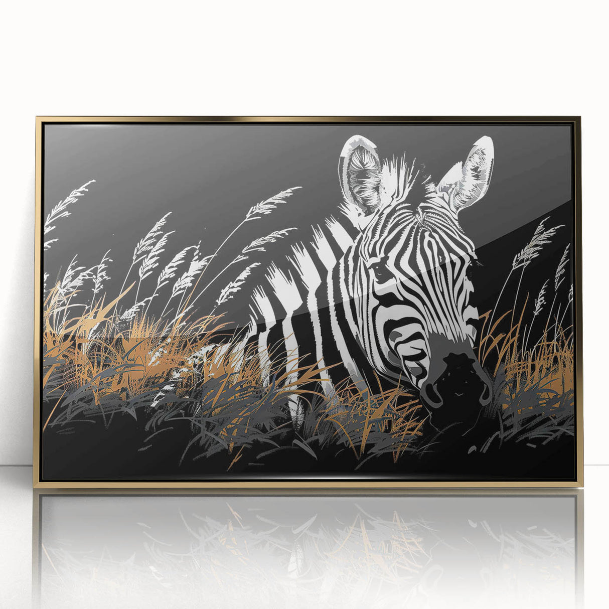 Framed wall art showcasing a striking zebra design in black and white, complemented by a sleek gold frame, perfect for modern decor and animal lovers.