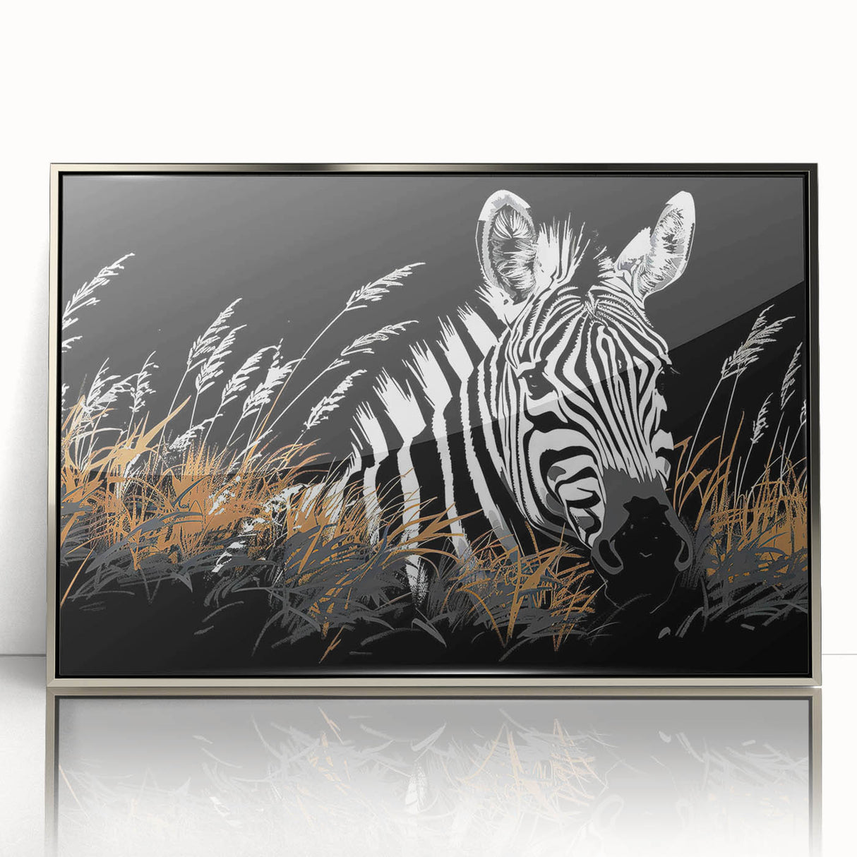 Framed acrylic wall art showcasing a striking zebra design, featuring bold black and white stripes and a silver border, ideal for enhancing modern decor.